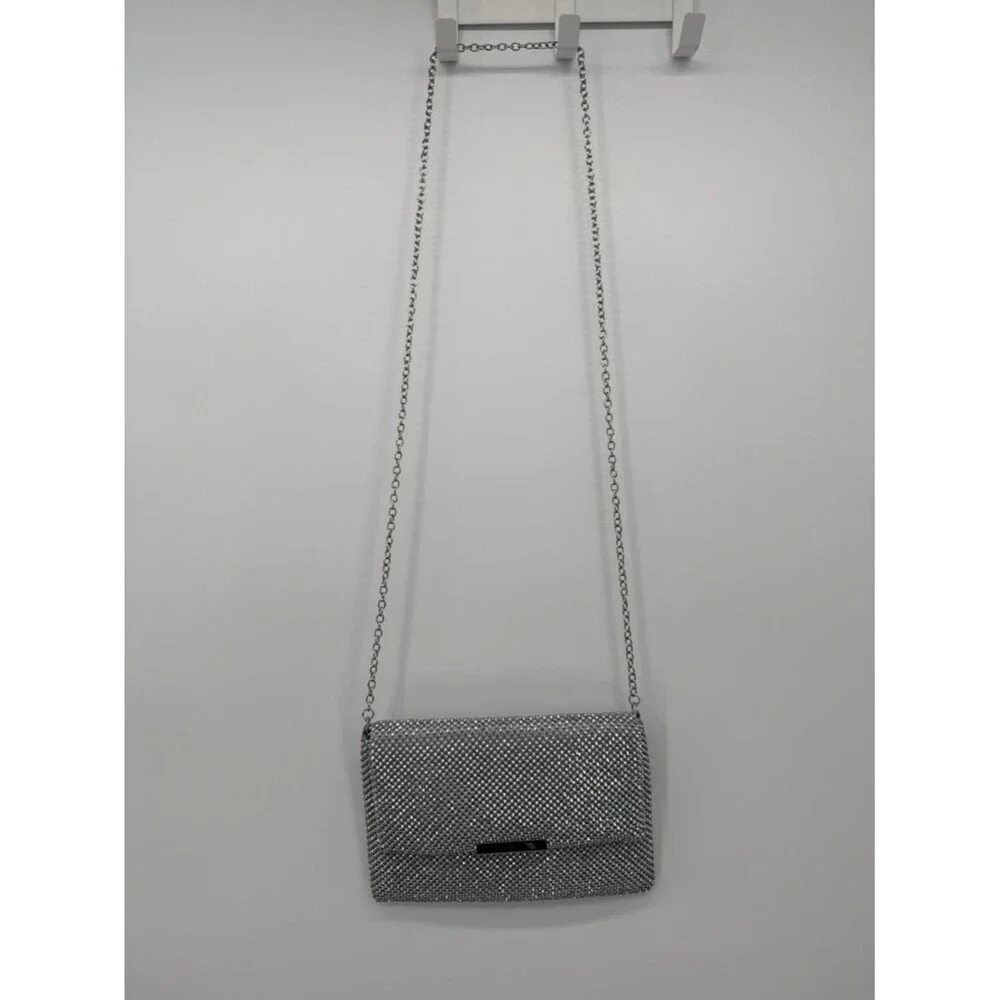 La Regale Silver Sparkle Crossbody Bag Rhinestone Evening Formal Clutch Glam
